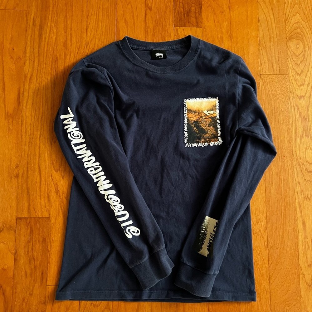 small blue stussy international long sleeve t shirt